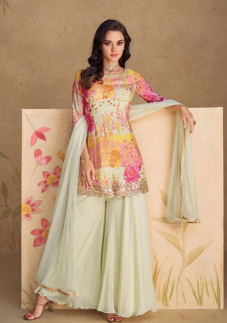 White Sequin Embroidered Chinon Silk Palazzo Set