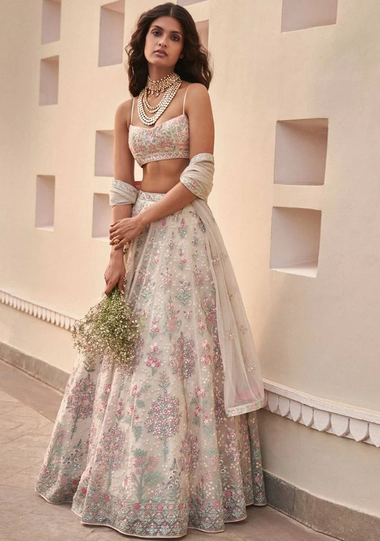 Cream Thread Embroidered Georgette Lehenga Set